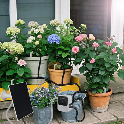Garden Solar Powered Timer Drip Irrigation Kit DIY Automatic Watering System Drippers Nozzles for Balcony Potted Plants Flowers