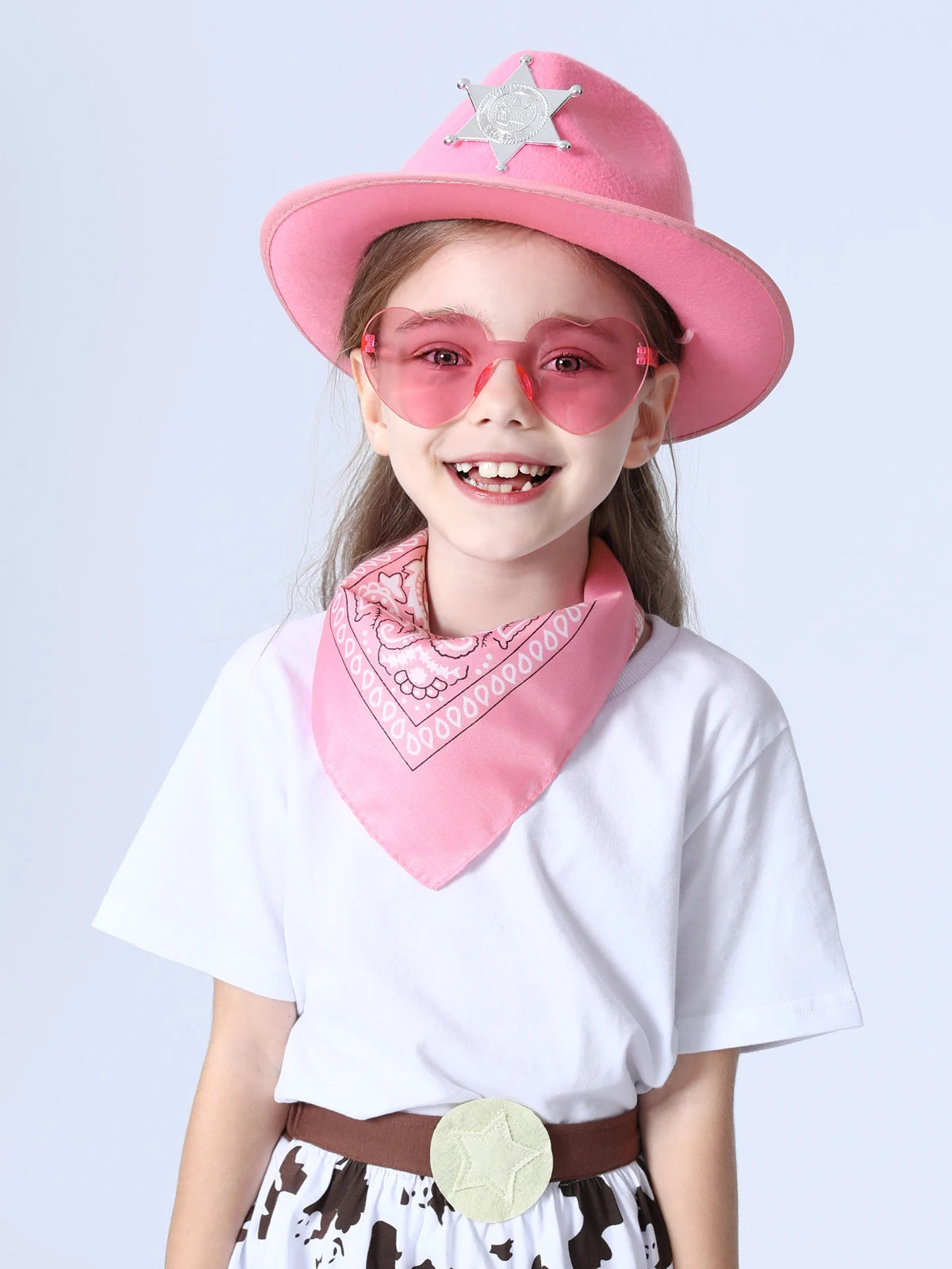 Kids Cowboy Hat Girls Pink Cowgirl Hat with Bandana Glasses Western Caps Performance Birthday Party Costume Accessories