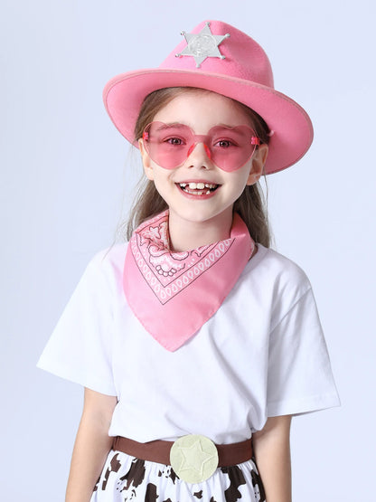 Kids Cowboy Hat Girls Pink Cowgirl Hat with Bandana Glasses Western Caps Performance Birthday Party Costume Accessories