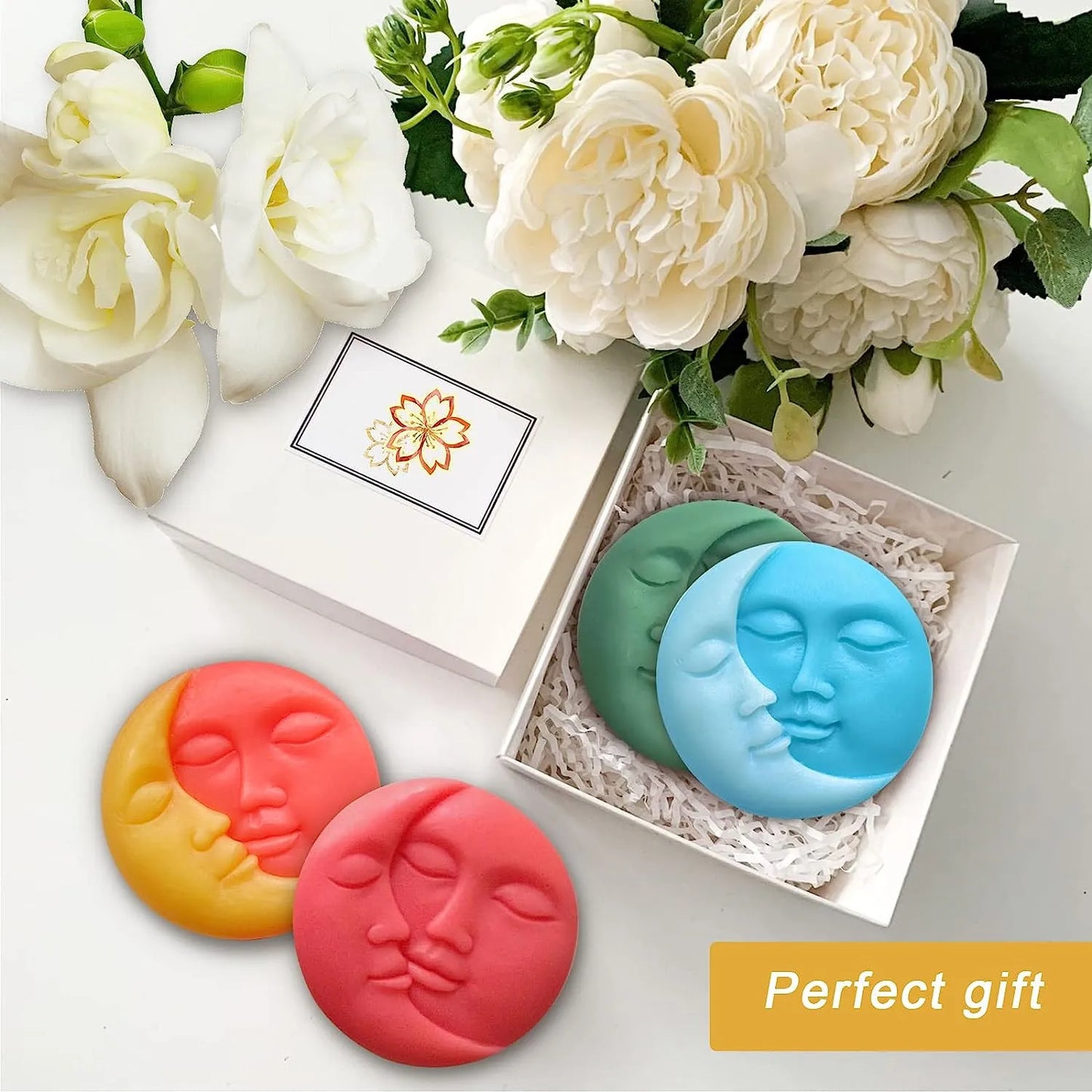 Sun & Moon Silicone Soap Molds 4 Cavity Crescent Moon Face Mould for Homemade Lotion Bar Bath Bombs Polymer Clay Wax Candle Make