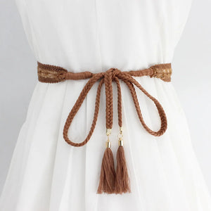 Women Waist Belt Rope Braided Waistband Woven Tassel Thin Belt Female Knot Decorated Waistband Hot Casual Solid Black Belts