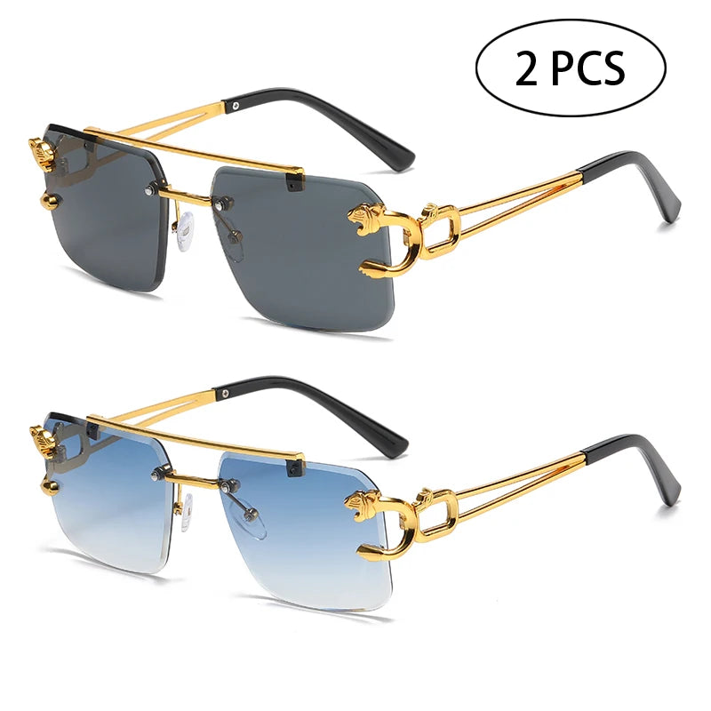 Fashion Rimless Square Double Bridge Sun Glasses Vintage Women Men Sunglasses UV400