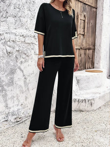 High Quality Elegant Women Clothing 2024 Temperament Casual Solid Color Knitted Shite Sleeved Suit Sweatpants Wide Leg Pants Y2k