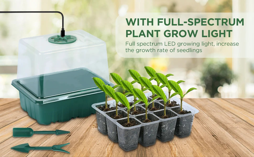 Seed starter tray with grow lights, 1 seed germination kit with adjustable humidity dome, seedling starter tray with raised lid.