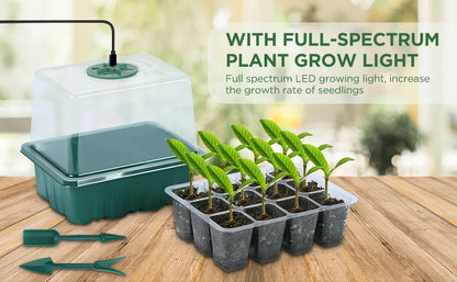 Seed starter tray with grow lights, 1 seed germination kit with adjustable humidity dome, seedling starter tray with raised lid.