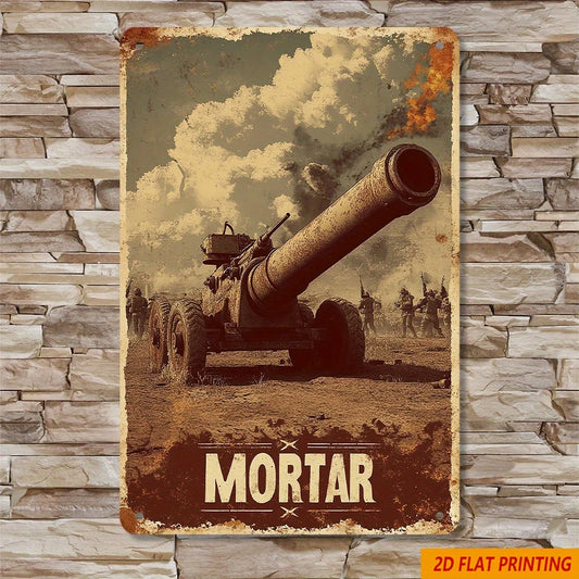 Vintage Military Mortar Metal Tin Sign - 8"x12" Wall Decor for Home, Bar, Cafe, Garage - Unique Artistic War Scene Gift