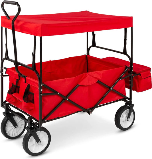 Best Choice Products Collapsible Folding Outdoor Utility Wagon with Canopy Garden Cart for Beach, Picnic, Camping, Tailgates Red