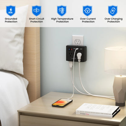 Mini Portable Surge Protector Power Outlet, 9-in-1 Multi-Function 6 Outlets 2 USB Ports 1 Type-C,for home, travel, office, Black
