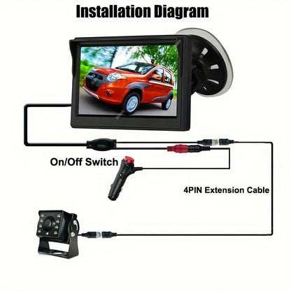 Car Rear View Backup Camera Kit 5 inch Monitor 4Pin for RV Bus Truck 12V/24V with Double Mount Easy Installation