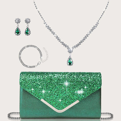Gorgeous and elegant sparkly women's clutch bag, paired with a gorgeous rhinestone necklace, earrings and bracelet set of four.