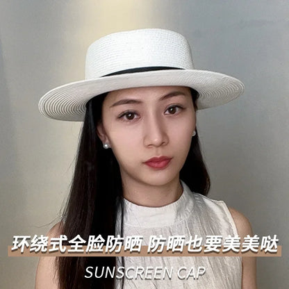 Fashion Trend Flat Top Top Hat Womens New Seaside Holiday Sunscreen Sun Hat Versatile Face Small Straw Hat Summer Hats for Women