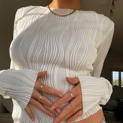 Woman Fashion Casual Ruched Long Sleeve T-shirt Blouses Female White Skinny Cropped Bottoming Shirt Autumn Y2K Top Clothes