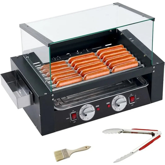 1400W Hot Dog Roller Machine Stainless Hotdog Roller Grill with Glass Guard LED Warm Light for Commercial BBQ (7 Rollers)