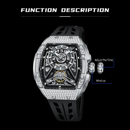 Men Mechanical Winding Watch Montre Homme 2024 New BRUBOSES 5ATM Water Resistant Luminous Tonneau Quartz Wristwatch WIth Diamond