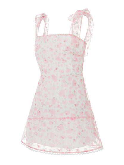 Women Summer Casual Dress Floral Print Tie-Up Shoulder Strap Mini Dress Fashion Double Layer Backless Cami Dress