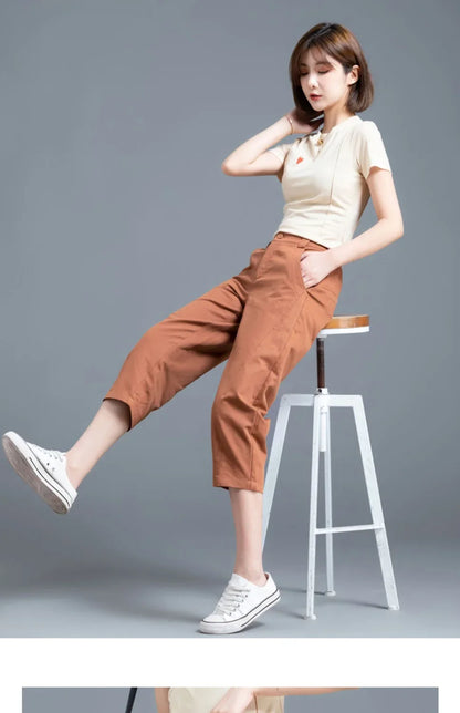 Women Clothing New Summer Simple Casual Cotton Linen Haren Capri Pants Female Solid High Waist Loose Cropped Trousers Pantalones