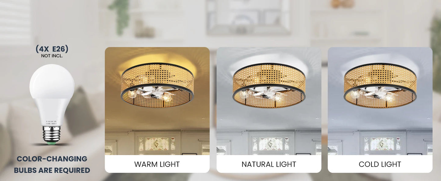 20" Flush Mount Ceiling Fan with Light & Remote Control, Drum Shade, Bladeless/Quiet Motor/Low Profile, for Kitchen Bedroom