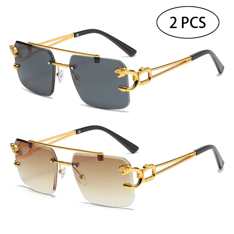 Fashion Rimless Square Double Bridge Sun Glasses Vintage Women Men Sunglasses UV400