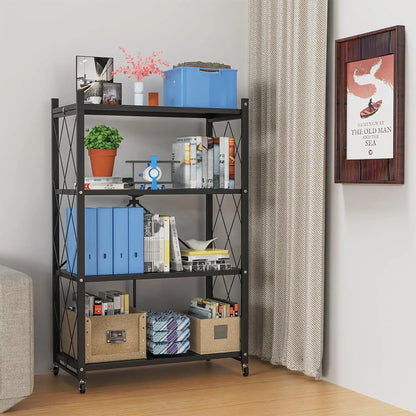 4-Tier Foldable Storage Shelf with Wheels - Metal Collapsible Shelving Unit Display, Rolling Cart for Books Kitchen BLACK