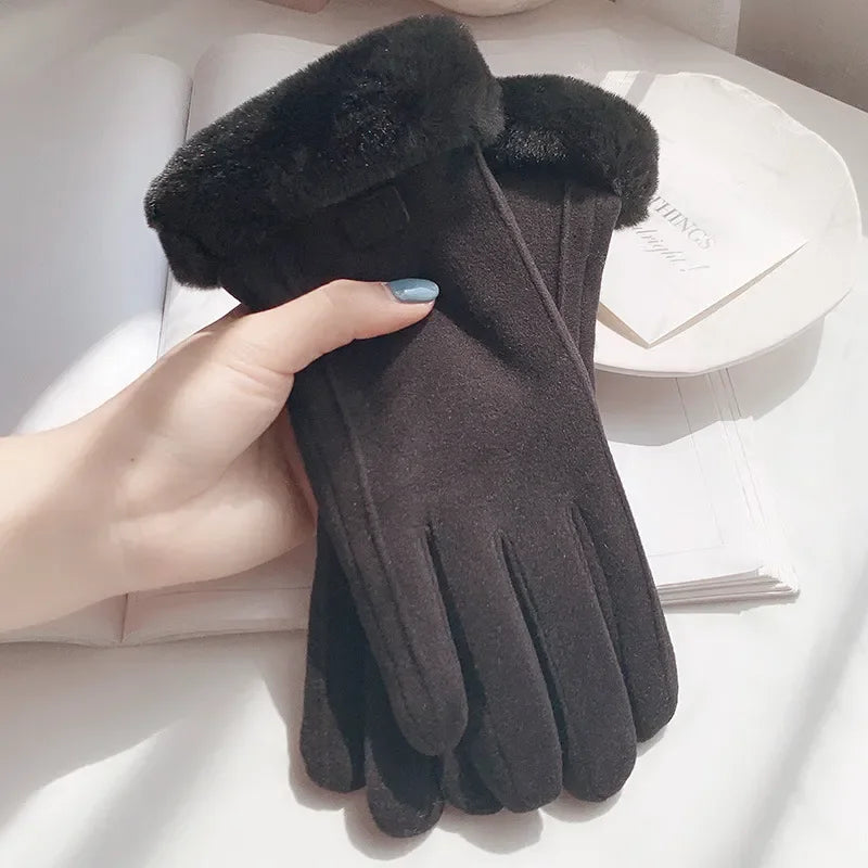 Women Winter Thick Plush Gloves Fashion Warm Suede Outdoor Guantes Lady Touchscreen Driving Gloves Sports Cycling Mittens
