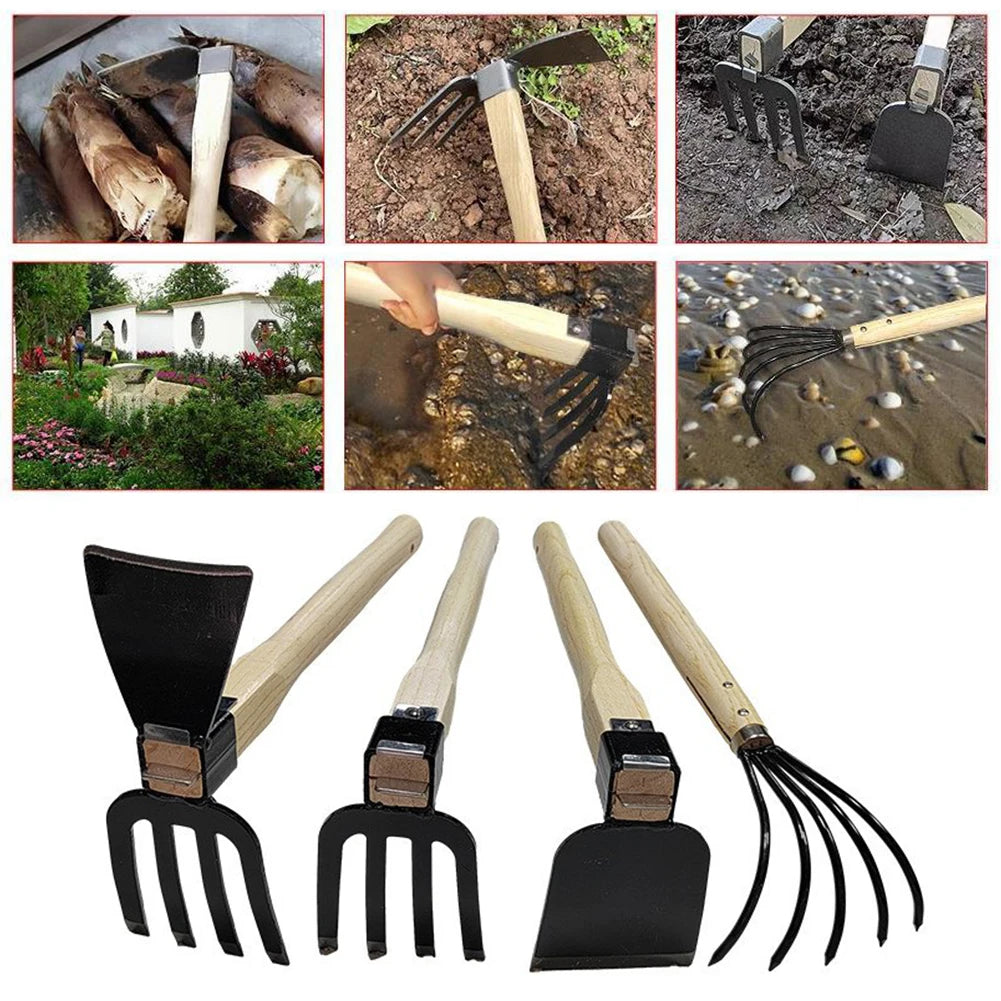 Garden Hand Rake Tool with Wooden Handle Dual-purpose Hoe Garden Hand Hoe & Tiller for Digging Weeding Gardening and Cultivating