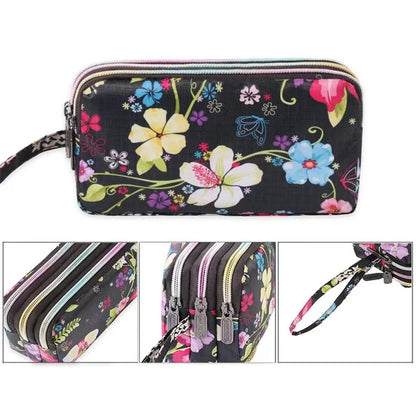 Fashion Women's Clutches Three-layer Zipper Waterproof Nylon Colorful Printed Wristlet Bag Key Coin Purse Wallet Phone Holder
