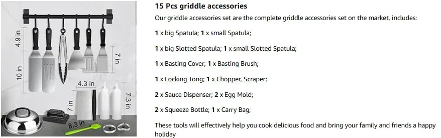 15-Piece Flat Top Grill Tool Set for Blackstone and Camping, Stainless Steel Accessory Set for Outdoor Grilling