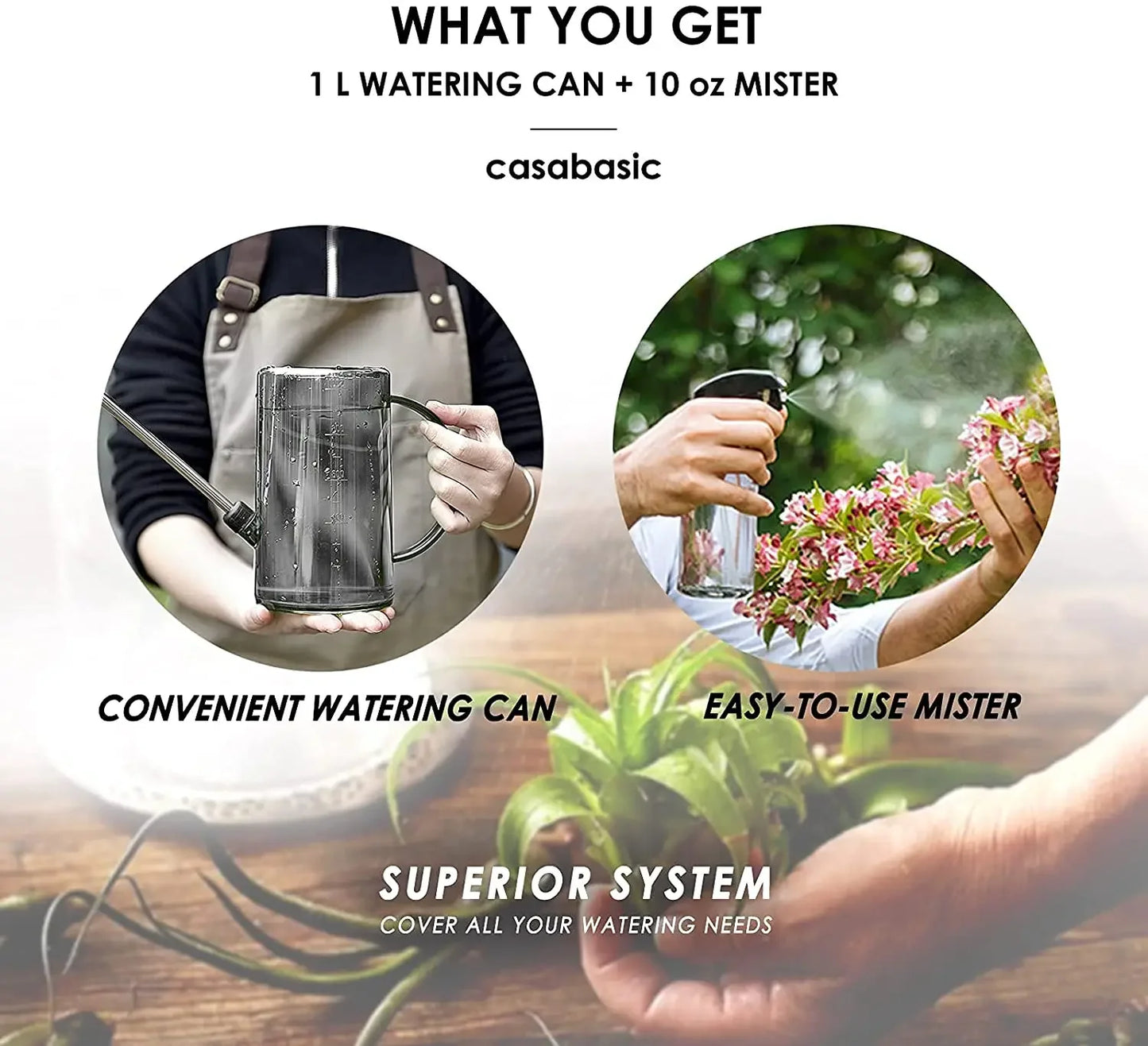 Watering Can, Small Watering Cans for House Plants, Succulents and Flowers,Long Spout,1 Liter,with Bonus Plant Spray Bottle