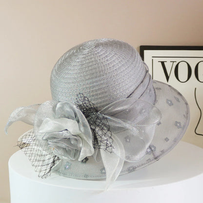 Fashion Hat Women Top Hat Elegant Organza Flower Wide Brim Sun Hat for Women Retro Style Party Banquet Accessory Foldable Beach