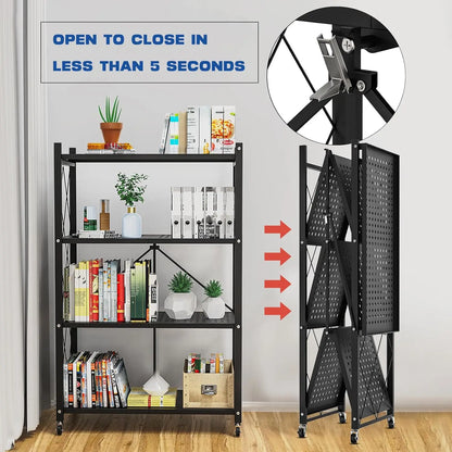 4-Tier Foldable Storage Shelf with Wheels - Metal Collapsible Shelving Unit Display, Rolling Cart for Books Kitchen BLACK