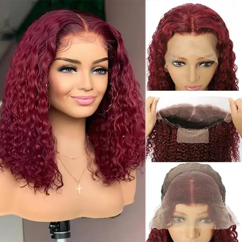 Colored Burgundy Lace Front Wig Bob Wig Human Hair Deep Wave Glueless Wigs Human Hair Red 99J Curly Lace Front Human Hair Wigs