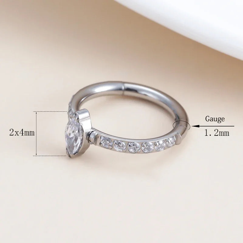 G23 Titanium CZ Pave Side With Marquise Stone Center Hinged Segment Hoop Rings Nose Ring Clicker Labret Ear Tragus Piercing