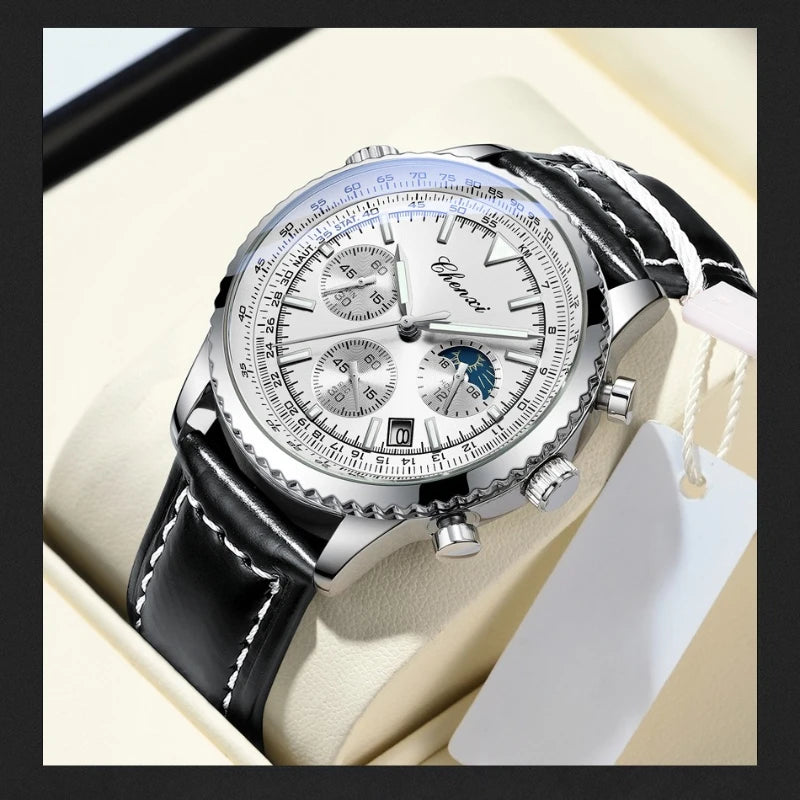 Business Watches for Men Genuine Leather Wristwatch Luxury Top Brand Men's Watches Waterproof Chronograph Sport Watches 520