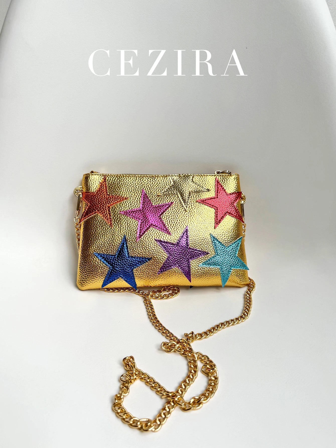 Women's Metallic PU Leather Square Clutch Funky Stars Applique Colorful Stripes Metal Chain Shoulder Handbag Party Dating Gift