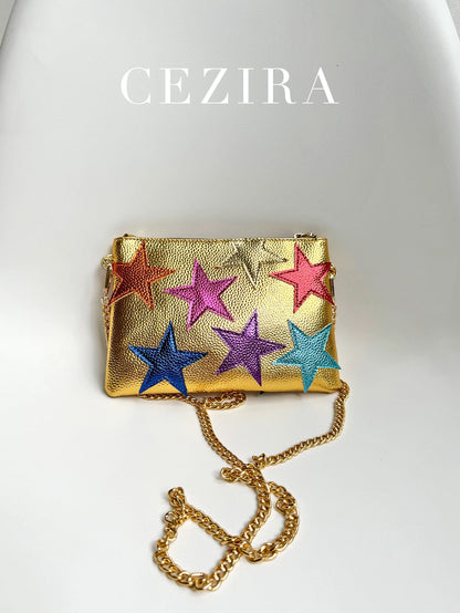 Women's Metallic PU Leather Square Clutch Funky Stars Applique Colorful Stripes Metal Chain Shoulder Handbag Party Dating Gift