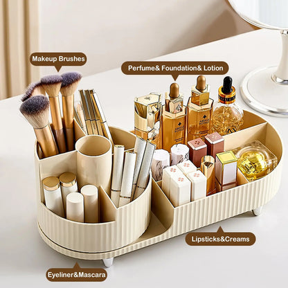 Rotating Makeup Organizer for Vanity with Brush Holder Cosmetic Storage Spinning Skincare Countertop Perfume Lotion Display Case