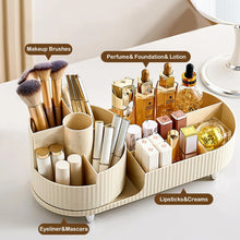 Load image into Gallery viewer, Rotating Makeup Organizer for Vanity with Brush Holder Cosmetic Storage Spinning Skincare Countertop Perfume Lotion Display Case
