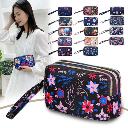 Fashion Women's Clutches Three-layer Zipper Waterproof Nylon Colorful Printed Wristlet Bag Key Coin Purse Wallet Phone Holder