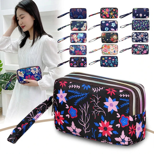Fashion Women's Clutches Three-layer Zipper Waterproof Nylon Colorful Printed Wristlet Bag Key Coin Purse Wallet Phone Holder