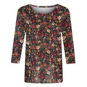Female Clothing Delicate Fashion Shirts Floral Round Neck 3/4 Sleeves Printed Summer Women Pullover Daily Wear Vetement Femme