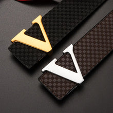 Load image into Gallery viewer, Men&#39;s Belt Casual Business V letter Slide Buckle Fashionable Checkered Plaid Leather Male Belt for Men
