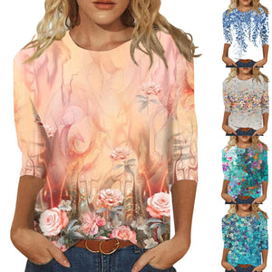 Women's Clothing T-shirt Fashion Casual Round Neck 3/4 Sleeve Loose Printed T-shirt Ladies Top Louse Beautiful Girls T-shirt