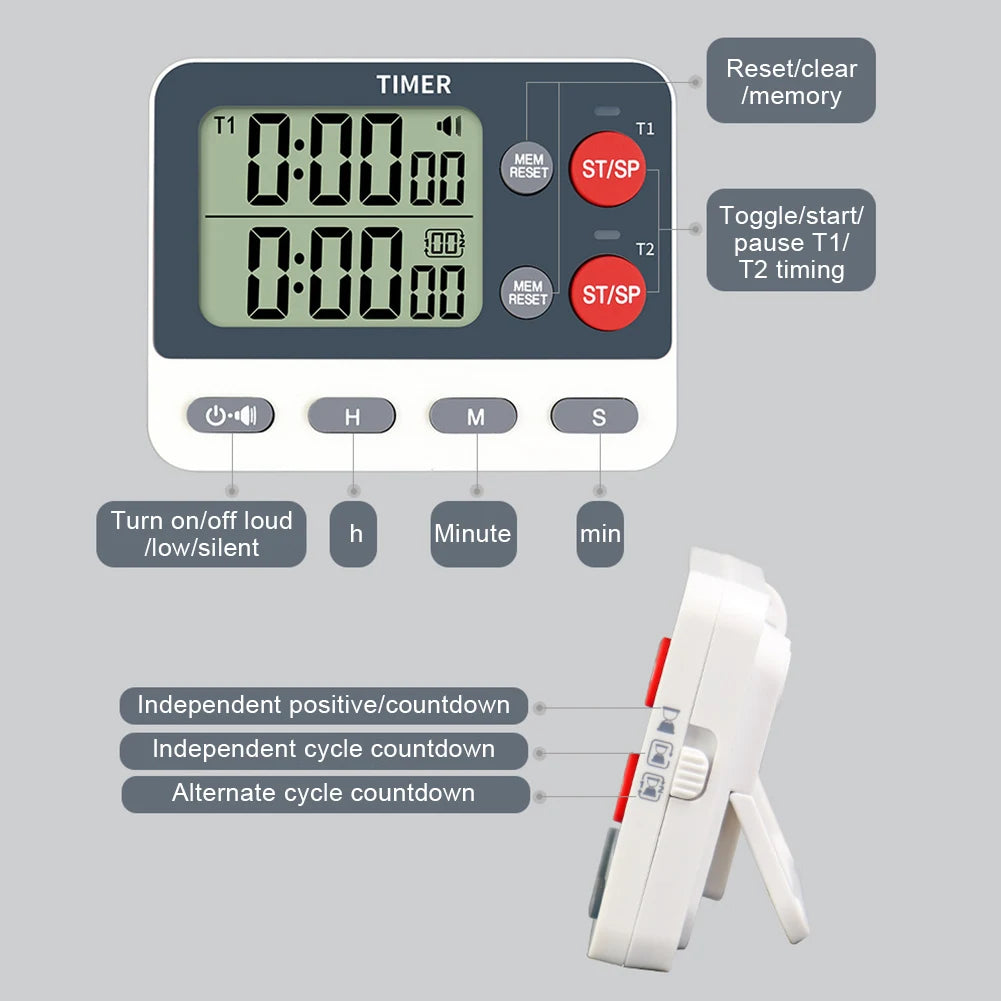 Dual Digital Timer Multifunctional Count UP/Down Timer with Memory Function Cooking Timer Portable for Kitchen Cooking