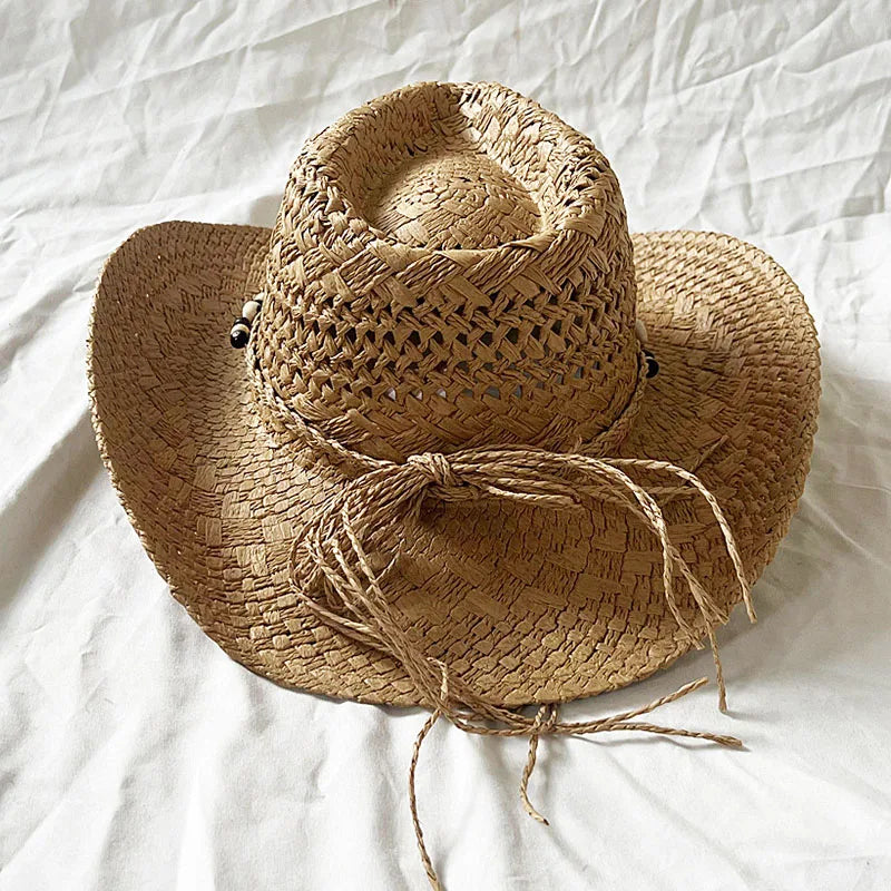 Handmade Women Men Straw Hat Summer Beach Shell Vintage Beads Hollow Out Western Wide Brim Sun Hat Fishing Holiday Bohemian Cap