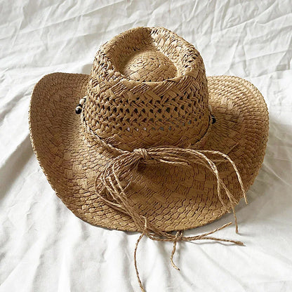 Handmade Women Men Straw Hat Summer Beach Shell Vintage Beads Hollow Out Western Wide Brim Sun Hat Fishing Holiday Bohemian Cap