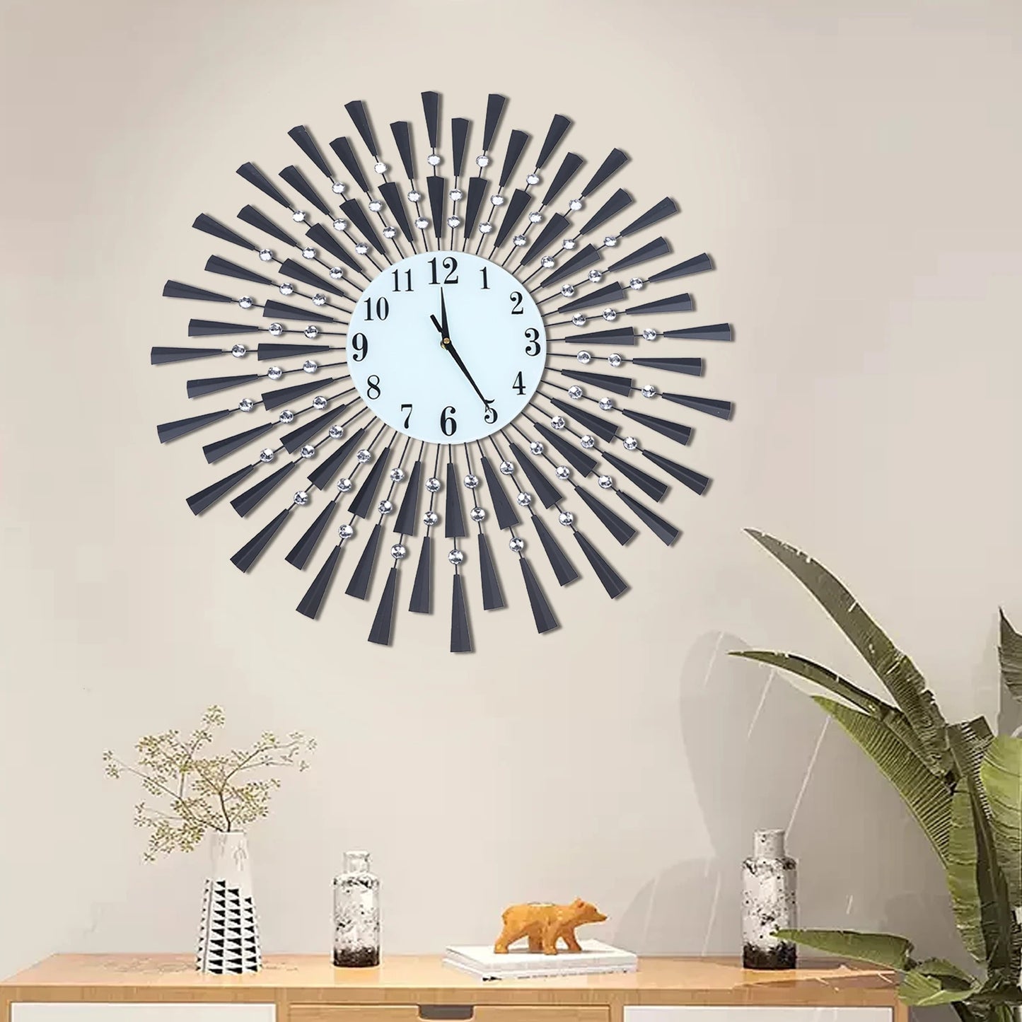 Modern Black Silent Wall Clock Battery Operated Non-Ticking for Bedroom Kitchen Office Home Decorative Crystal Clock Wall Decor