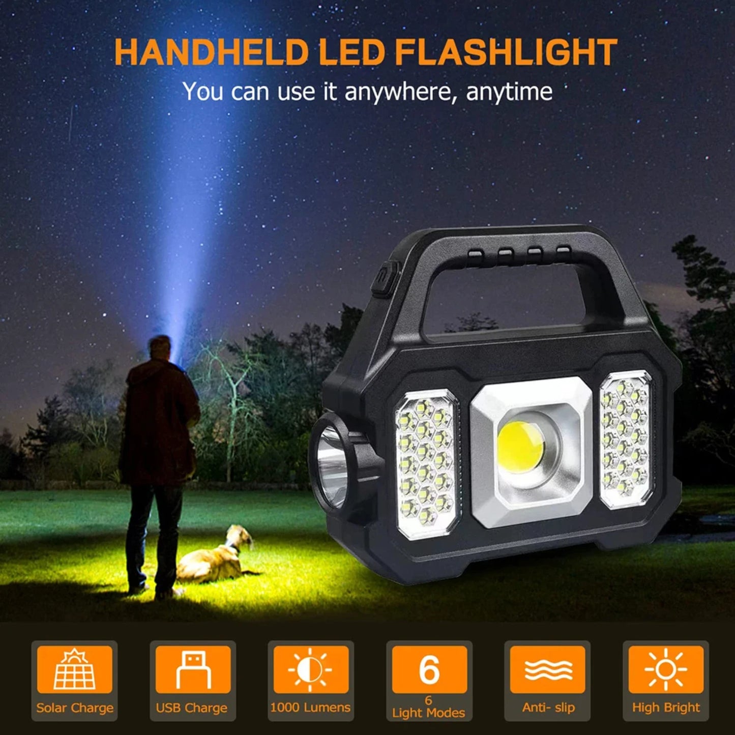 New Flashlight USB Charge  Torch 6 Gear COB/ Torch Light Portable Powerful Lantern Solar Light  Camping Hiking