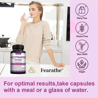 Fearathe Niacinamide Capsules 500MG, Promote Cell Health and Repair, Metabolism, Skin Health, Vegan Capsules, Non-GMO