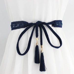 Women Waist Belt Rope Braided Waistband Woven Tassel Thin Belt Female Knot Decorated Waistband Hot Casual Solid Black Belts