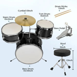 14x10 3Pieces Junior Drum Set Kit Pedal Drum Stick Wrench Drum Stool Black